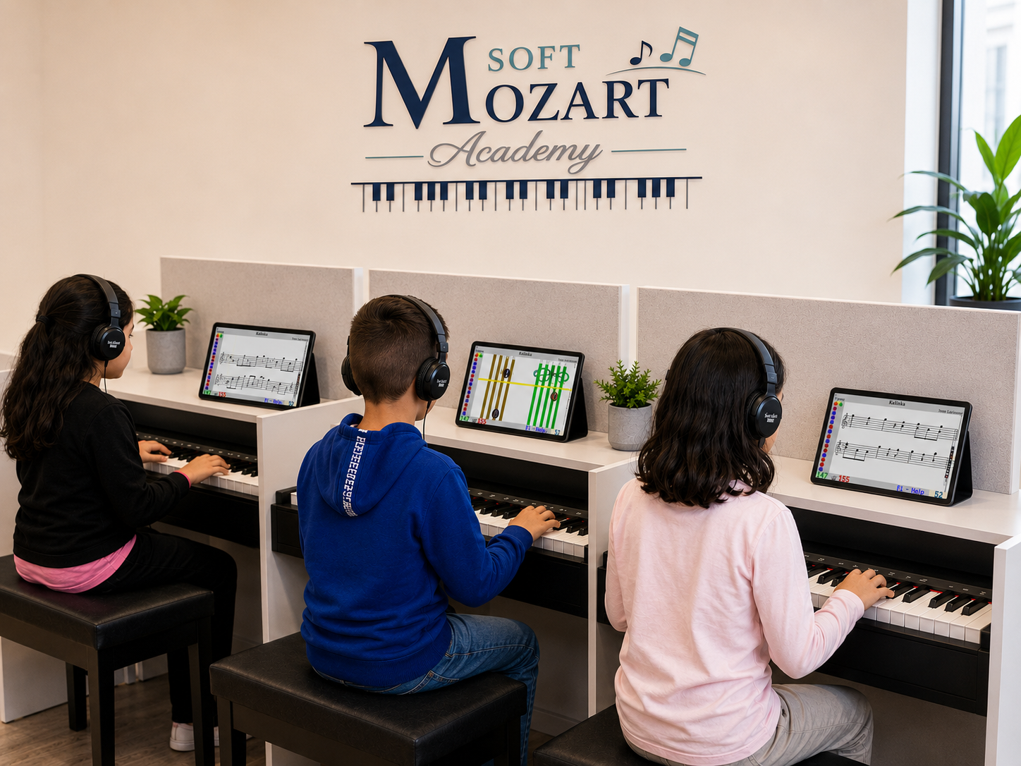 Soft Mozart Academy piano lab with students using the actual software