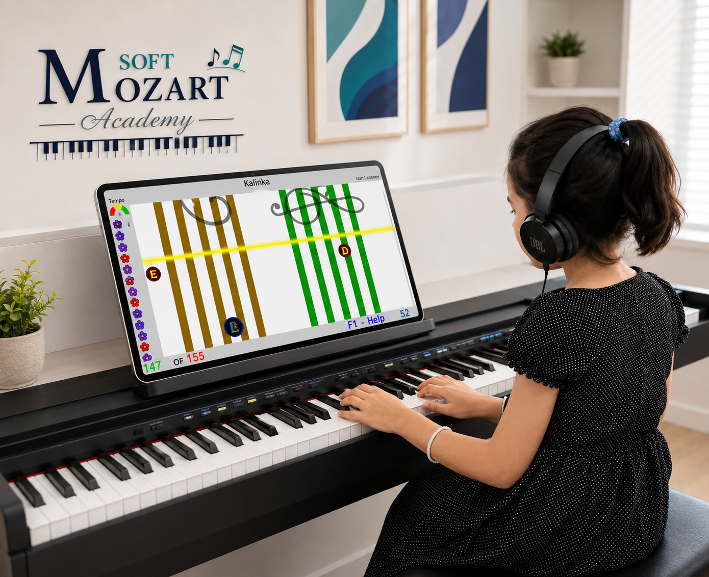 Soft Mozart Academy student using the actual visual piano software